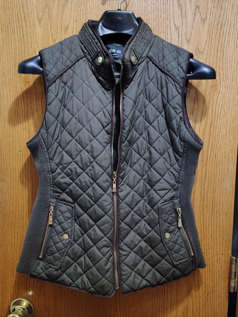 Active USA Quilted Olive Vest with Stretch Side Panels and Gold Hardware